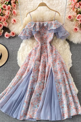 Romantisches langes Kleid mit Spitzen-Patchwork und Blumendruck, schulterfrei, hoher Schlitz, Partykleid